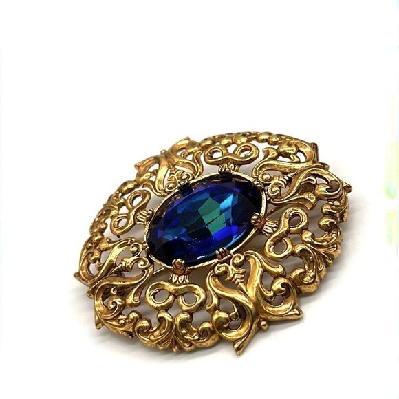 80's Edgar Berebi Designer Gold Tone Baroque / Rococo Brooch Teal Glass Center - Picture 4 of 10